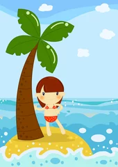 Fotobehang klein meisje in bikini op een eiland midden in de zee © Angela