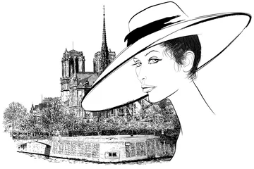 Acrylic prints Illustration Paris Woman nearby Notre Dame in Paris