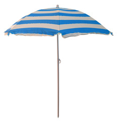 parasol de plage bleu avec piquet, vacances soleil, fond blanc