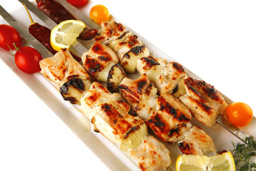 roast shish kebab on white