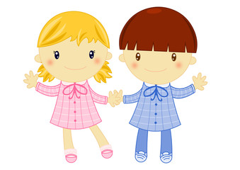 bambini in grembiule per la scuola elementare su sfondo bianco