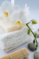 Plakat White towels with bamboo rolled mate