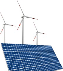 illustration of solar panels, wind turbines