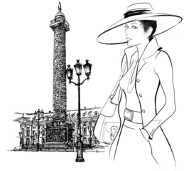 Peel and stick wall murals Illustration Paris Woman nearby Vendome column in Paris