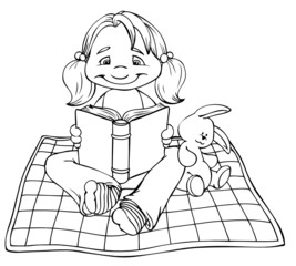 Mädchen, lesen, Buch, Decke, Stofftier, Geschichte