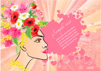 Fototapeta premium Floral greeting card with woman and heart