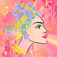 Crédence de cuisine en verre imprimé Femme fleurs Femme de printemps floral sur belle carte de voeux