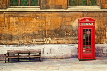 Traditional old style UK red phone box in London.