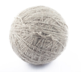 Ball of grey wool on white background
