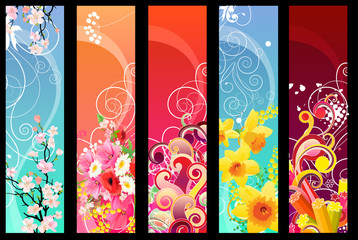 Five different colorful floral banners