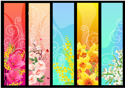 Five different colorful floral banners