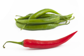 Red chili peppers on green chili peppers background