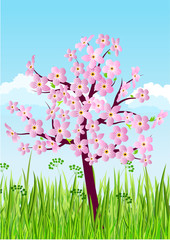 Stylized blossoming tree on green grass