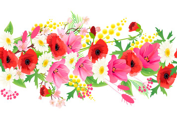 Horizontal seamless pattern made of different summer flowers