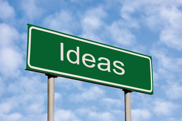 Ideas Concept, Green Road Sign, Bright Summer Sky Cloudscape, Light Clouds, Grey Pole Posts, Large Detailed Closeup