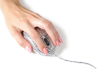 Beautiful womans hand holding crystalised computer mouse pad. is