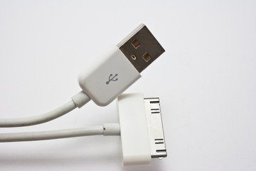 White USB cable on white background..