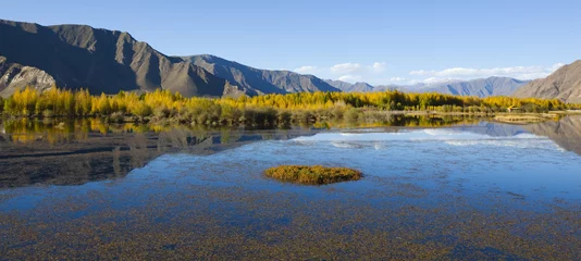 Crédence de cuisine en verre imprimé Chine tibet: autumn landscape of lake, mountain and treeline