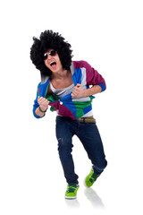 man pulling his clothes