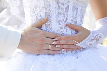 Obraz na płótnie Canvas Groom and bride hand on bride's waist