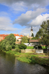 Fototapeta na wymiar Medieval town Pisek in Czech with gothic deanery Church