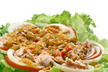 Thai spicy Tuna with Green salad onion and tomato, closeup