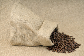 beans in burlap sack with a copy space.