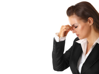 stressed business woman  holding fingers at noseband isolated