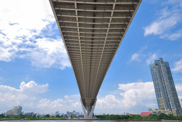 Under the suspension bridge with brighten sky view