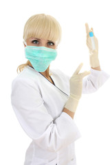 doctor woman in mask over white