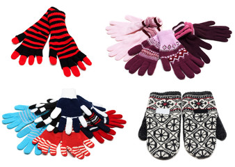 Collage from knitted mittens and gloves