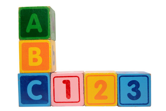 abc 123 in wood block letters with clipping path