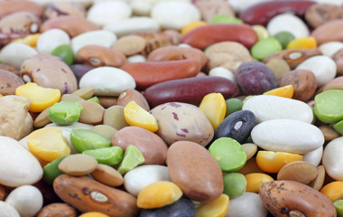 Close view of several different varieties of dried beans