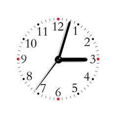 Black and white analogue clock face dial at 3:03, red dots, large detailed isolated macro closeup