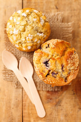 bluberry and poppy seed muffins in rustic style