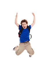 Boy jumping, running isolated on white background