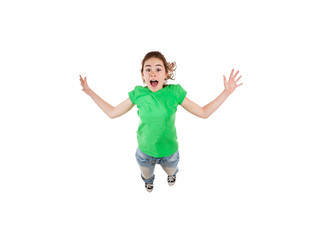 Girl jumping, running isolated on white background