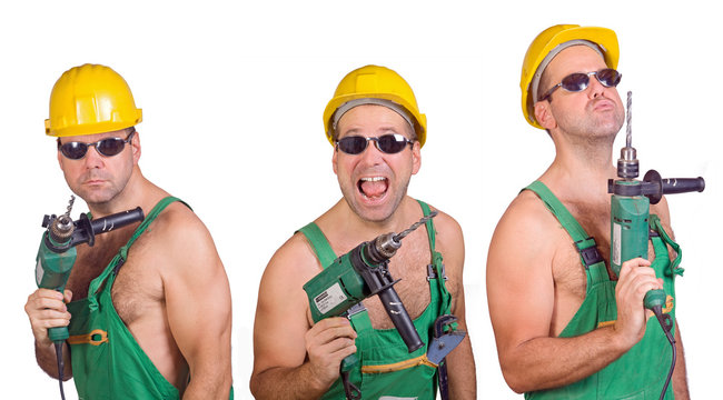 three serviceman with drilling-machine