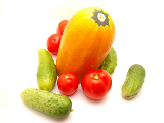 Tomatoes, vegetable marrow and cucumbers