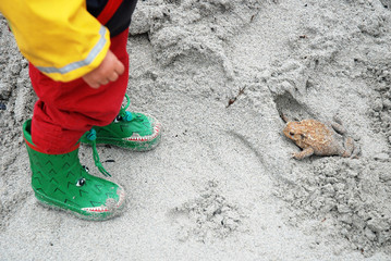 Kid mit Regensachen und Frosch