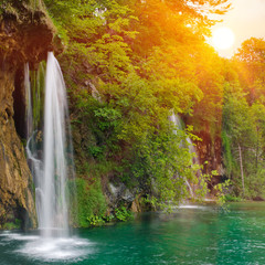 Fototapeta na wymiar Waterfall in national park. Plitvice, Croatia