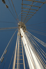 Mast from below with rigging of tall ship with sky in the background