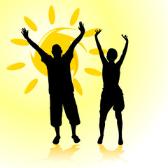 man and woman with arms raised toward the sun black silhouettes