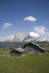 Fototapeta na wymiar Berghütten auf der Seiser Alm