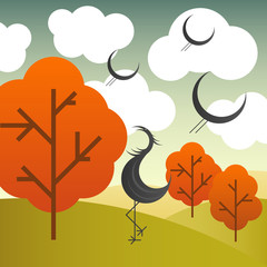 Obraz premium Vector autumn landscape with cranes birds and trees