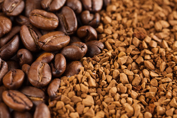 instant coffee powder and coffee beans