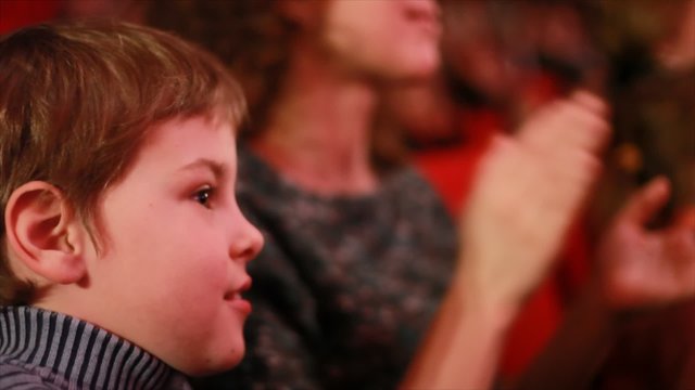 Impressionable boy sits in auditorium of circus, watches show