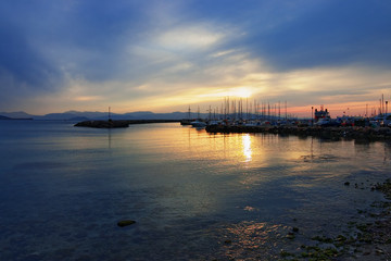 Sunset in the harbor of the Aegina island, Greece