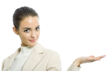 Photo of showing businesswoman, isolated on white