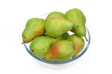 green pears on glass dish